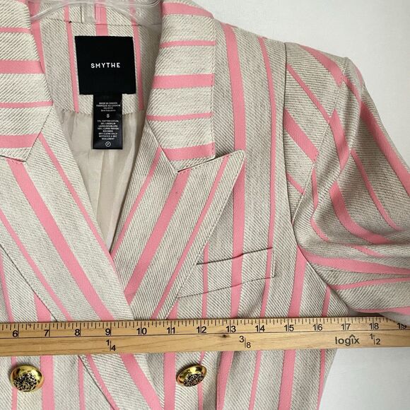 Smythe Linen Blend Blazer Sz 8 Striped Pink Double Breasted Gold Button Dressy - Picture 6 of 12